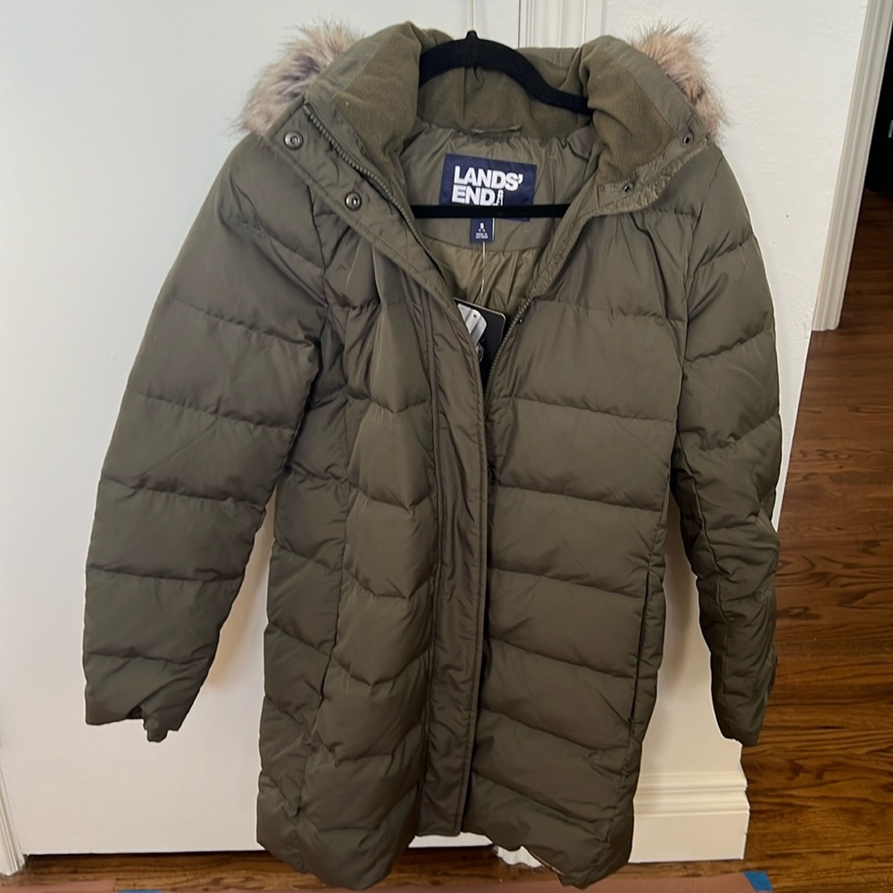 Olive Green Lands End Down Puffer Jacket